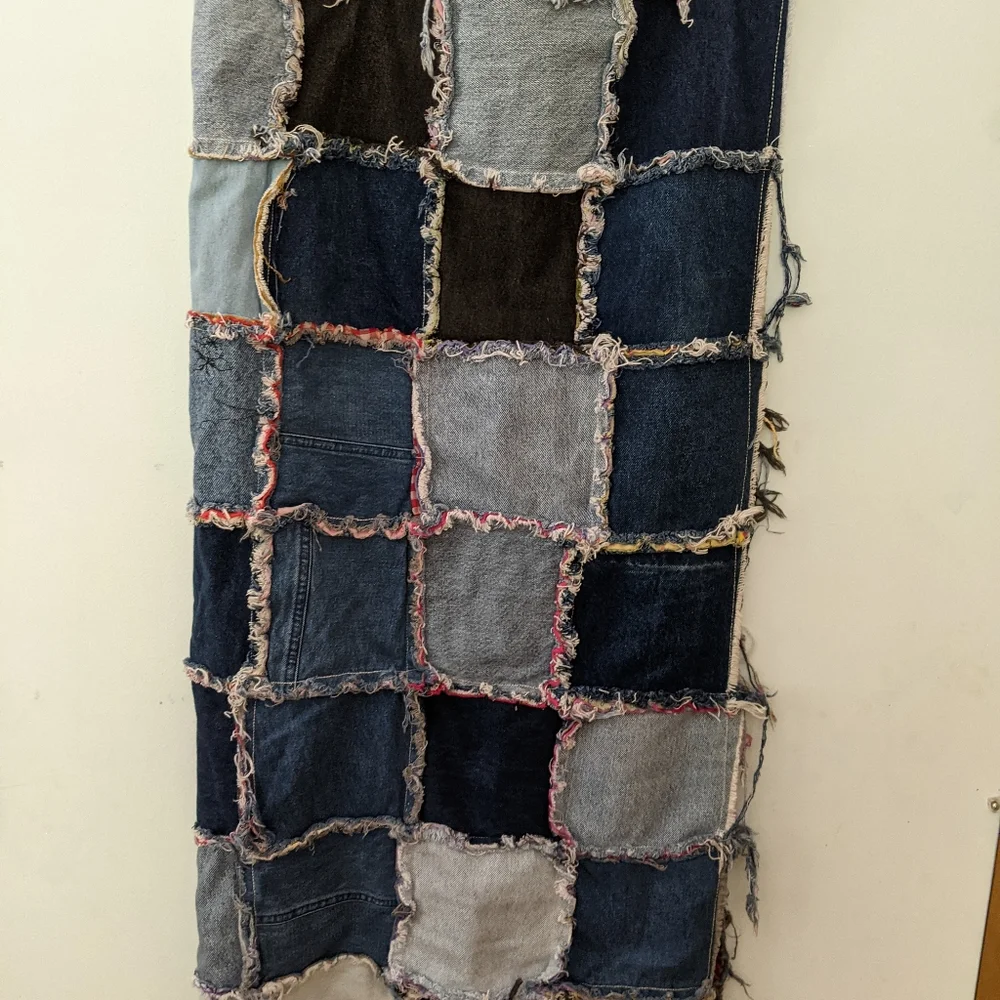 Frayed Denim Quilt made from recycled jeans, upcycled, patchwork, reversible